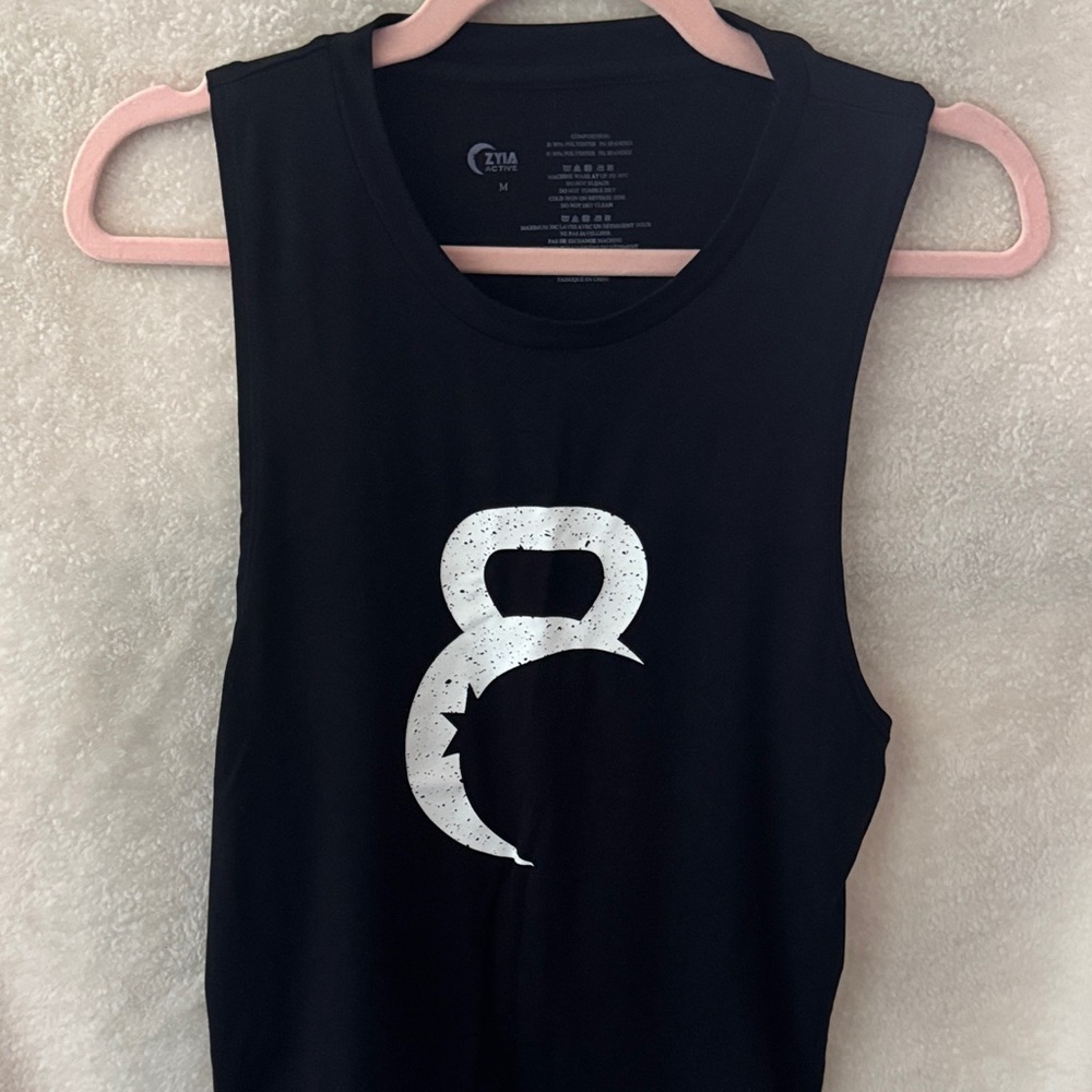 ZYIA Black Muscle Tee with White Kettlebell Design